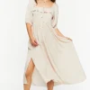Shirred Puff-Sleeve Midi Dress