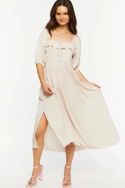 Shirred Puff-Sleeve Midi Dress