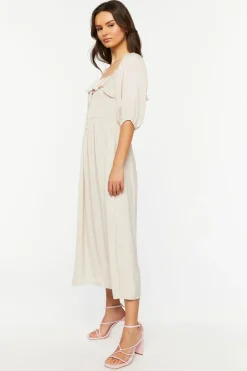 Shirred Puff-Sleeve Midi Dress