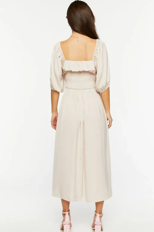 Shirred Puff-Sleeve Midi Dress