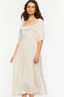 Shirred Puff-Sleeve Midi Dress