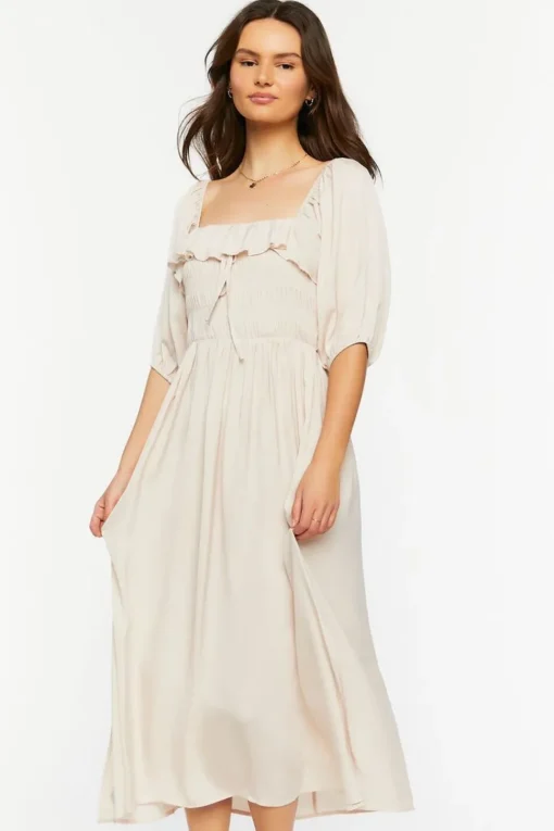 Shirred Puff-Sleeve Midi Dress