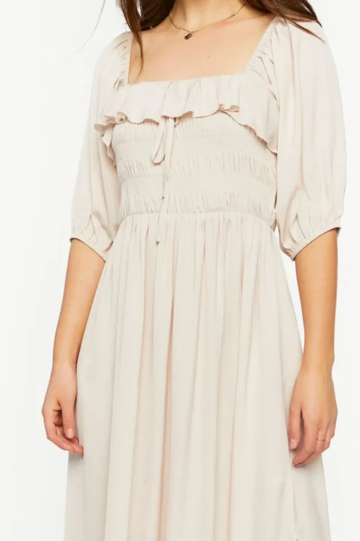 Shirred Puff-Sleeve Midi Dress