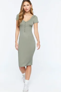Short-Sleeve Button-Front Midi Dress