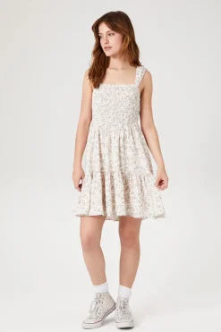 Smocked Floral Print Mini Dress