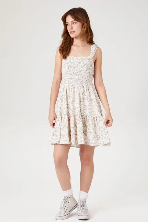 Smocked Floral Print Mini Dress