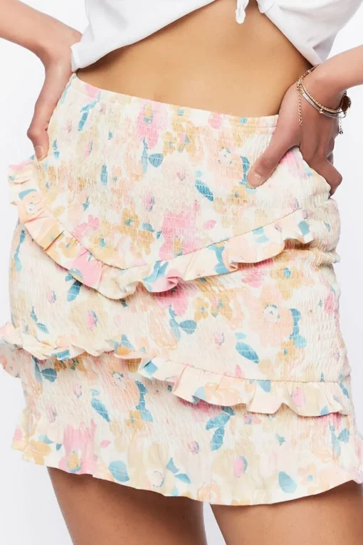 Smocked Floral Print Mini Skirt