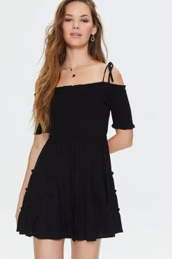 Smocked Open-Shoulder Mini Dress