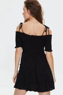 Smocked Open-Shoulder Mini Dress