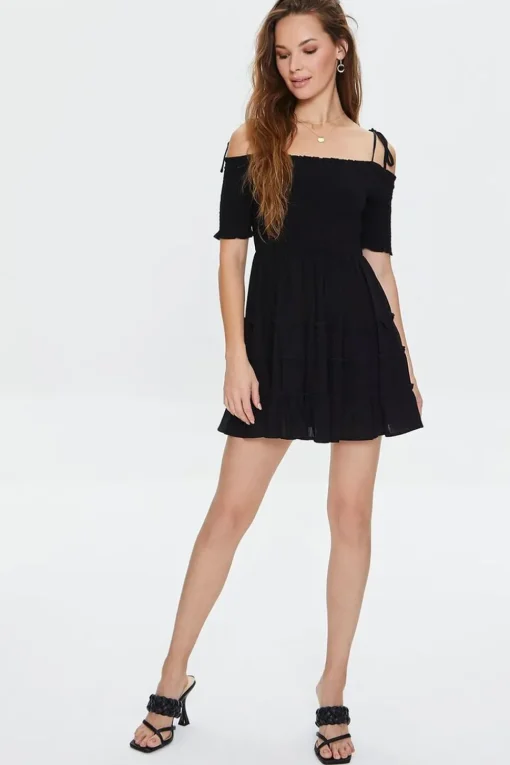 Smocked Open-Shoulder Mini Dress