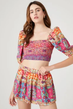 Smocked Ornate Floral Print Shorts
