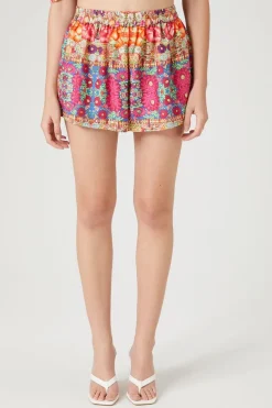 Smocked Ornate Floral Print Shorts