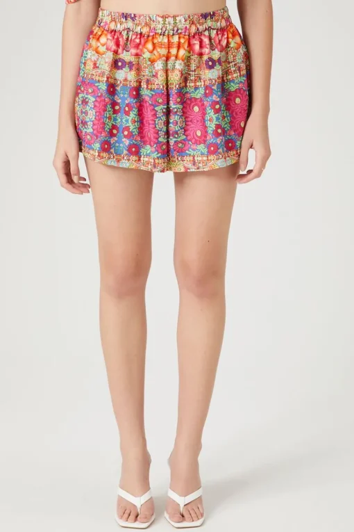 Smocked Ornate Floral Print Shorts