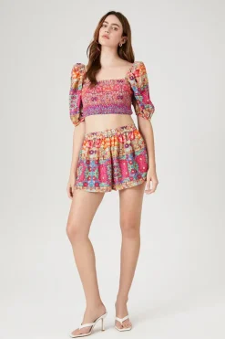 Smocked Ornate Floral Print Shorts