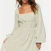 Smocked Peasant-Sleeve Mini Dress