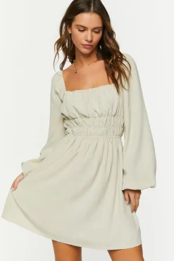 Smocked Peasant-Sleeve Mini Dress