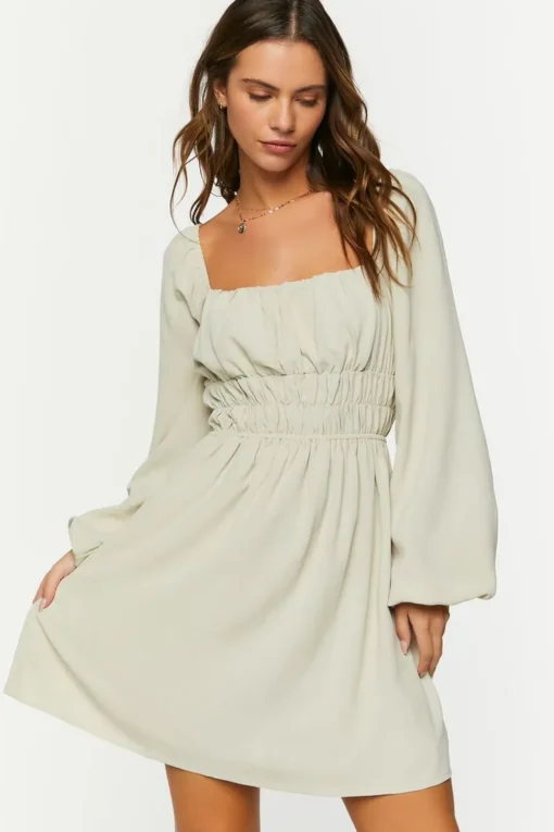 Smocked Peasant-Sleeve Mini Dress