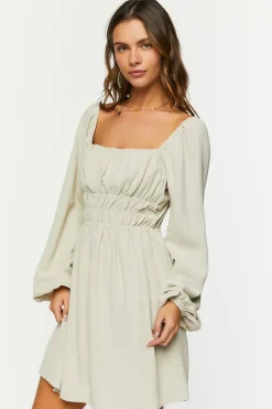 Smocked Peasant-Sleeve Mini Dress