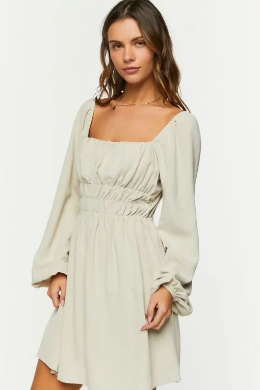 Smocked Peasant-Sleeve Mini Dress