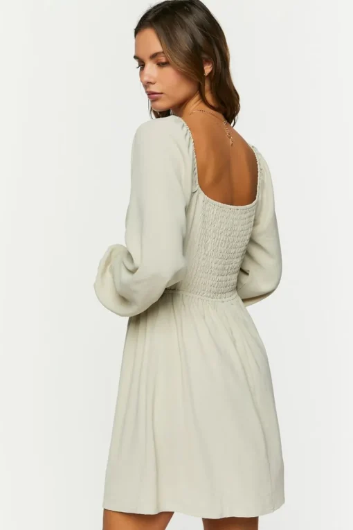 Smocked Peasant-Sleeve Mini Dress