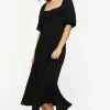 Smocked Puff-Sleeve Midi Dress