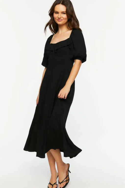 Smocked Puff-Sleeve Midi Dress