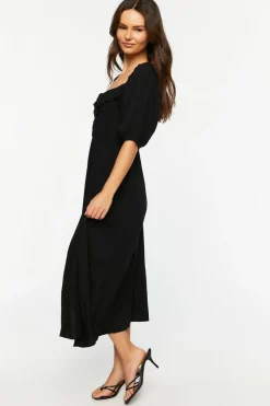 Smocked Puff-Sleeve Midi Dress