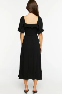 Smocked Puff-Sleeve Midi Dress