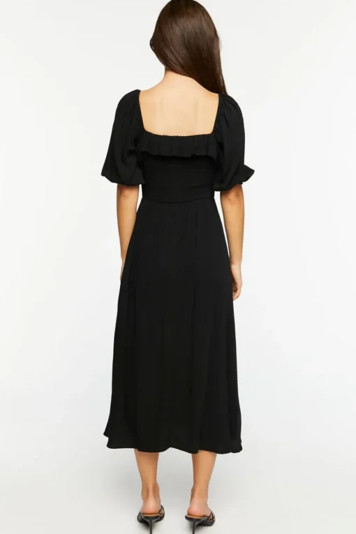 Smocked Puff-Sleeve Midi Dress