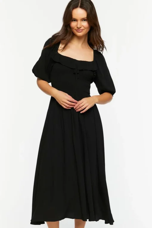 Smocked Puff-Sleeve Midi Dress