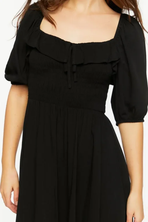 Smocked Puff-Sleeve Midi Dress