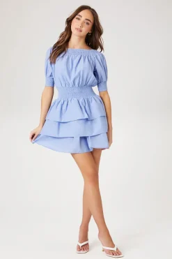 Smocked Puff-Sleeve Mini Dress