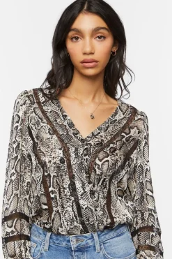 Snakeskin Peasant-Sleeve Bodysuit