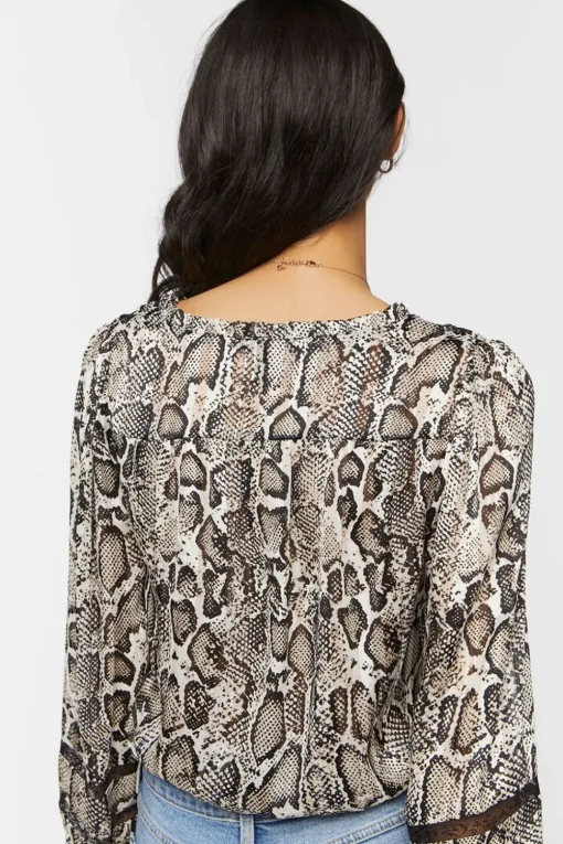 Snakeskin Peasant-Sleeve Bodysuit