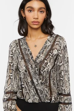 Snakeskin Peasant-Sleeve Bodysuit