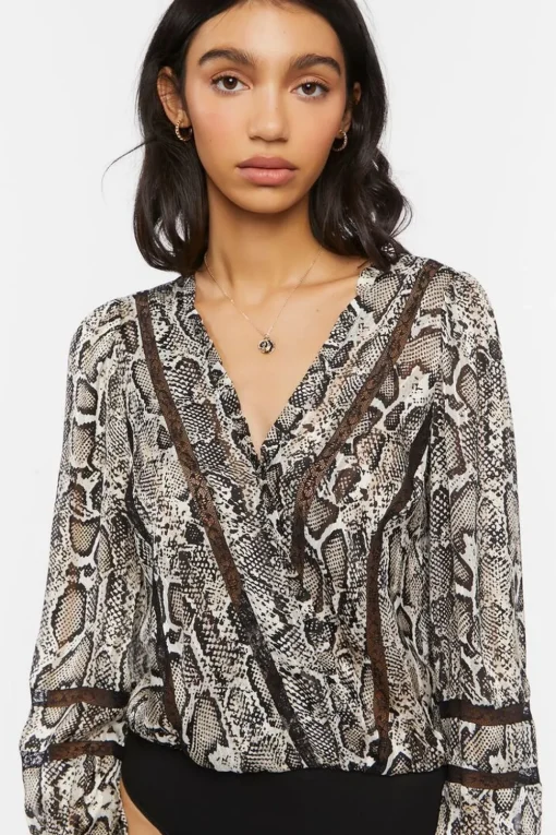 Snakeskin Peasant-Sleeve Bodysuit