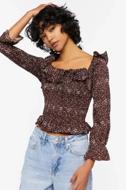 Speckled Print Trumpet-Sleeve Top