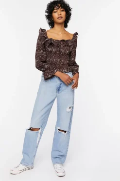 Speckled Print Trumpet-Sleeve Top
