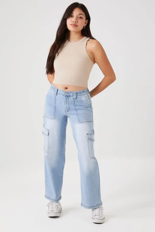 Straight-Leg Denim Cargo Pants