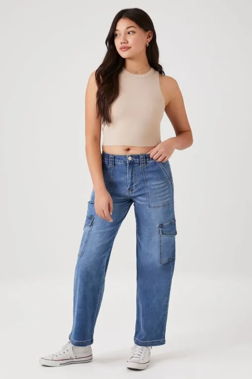 Straight-Leg Denim Cargo Pants