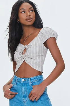 Striped Linen-Blend Cutout Crop Top