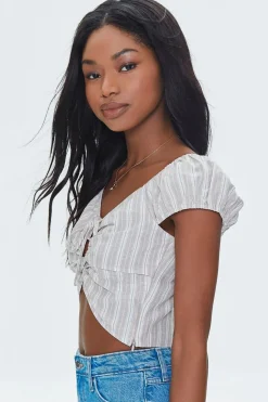 Striped Linen-Blend Cutout Crop Top
