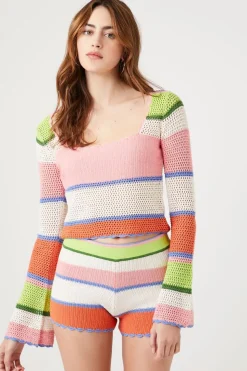 Striped Sweater-Knit Crochet Shorts