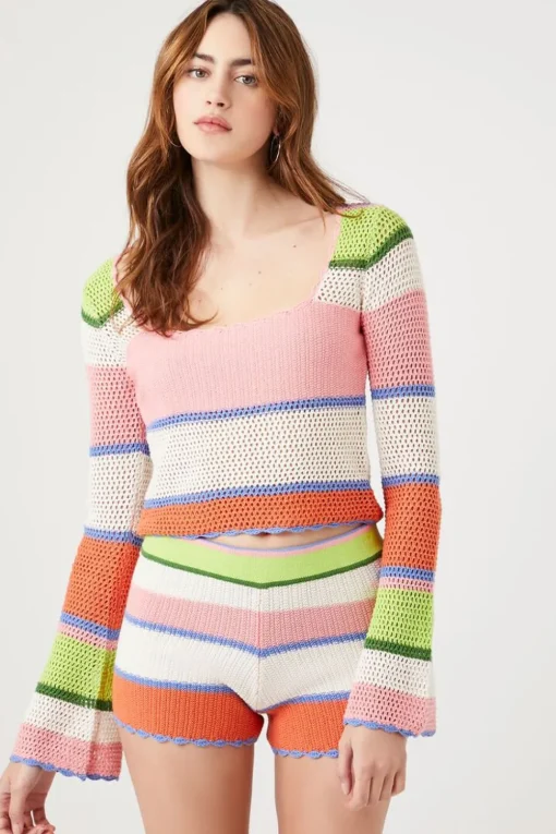 Striped Sweater-Knit Crochet Shorts