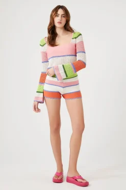 Striped Sweater-Knit Crochet Shorts