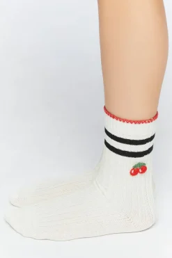 Striped-Trim Cherry Crew Socks