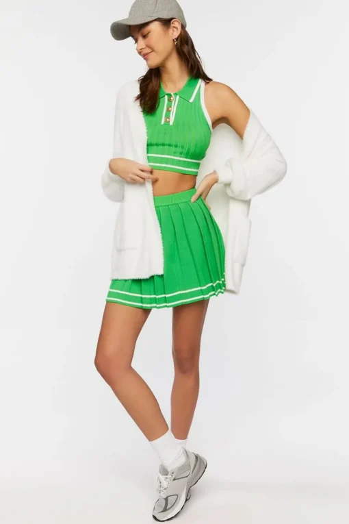 Striped-Trim Crop Top & Tennis Skirt Set