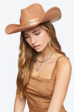 Studded Faux Leather-Trim Cowboy Hat