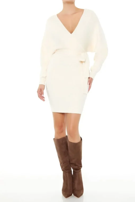 Surplice Long-Sleeve Sweater Dress