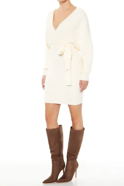 Surplice Long-Sleeve Sweater Dress